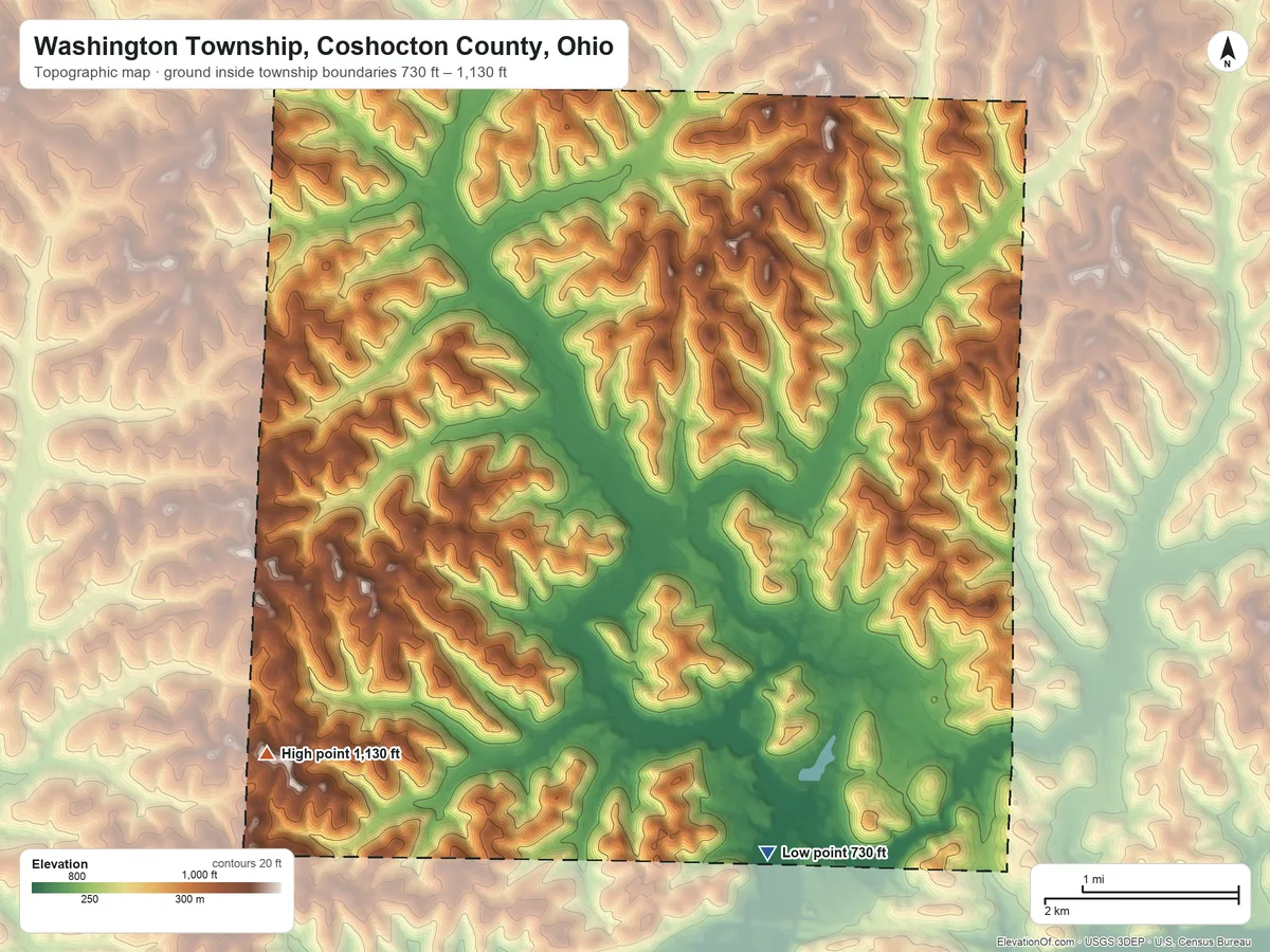 Topographic elevation map of Washington Township, Coshocton County, Ohio, shaded from 730 ft on the southeast side to 1,130 ft on the southwest side