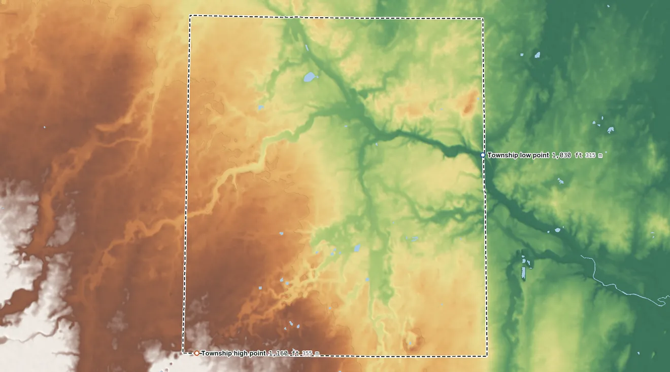 Topographic elevation map of Washington Township, Darke County, Ohio, shaded from 1,030 ft on the east side to 1,160 ft on the southwest side