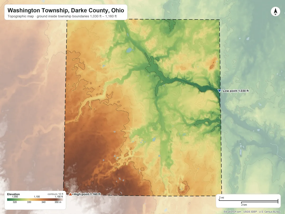 Topographic elevation map of Washington Township, Darke County, Ohio, shaded from 1,030 ft on the east side to 1,160 ft on the southwest side