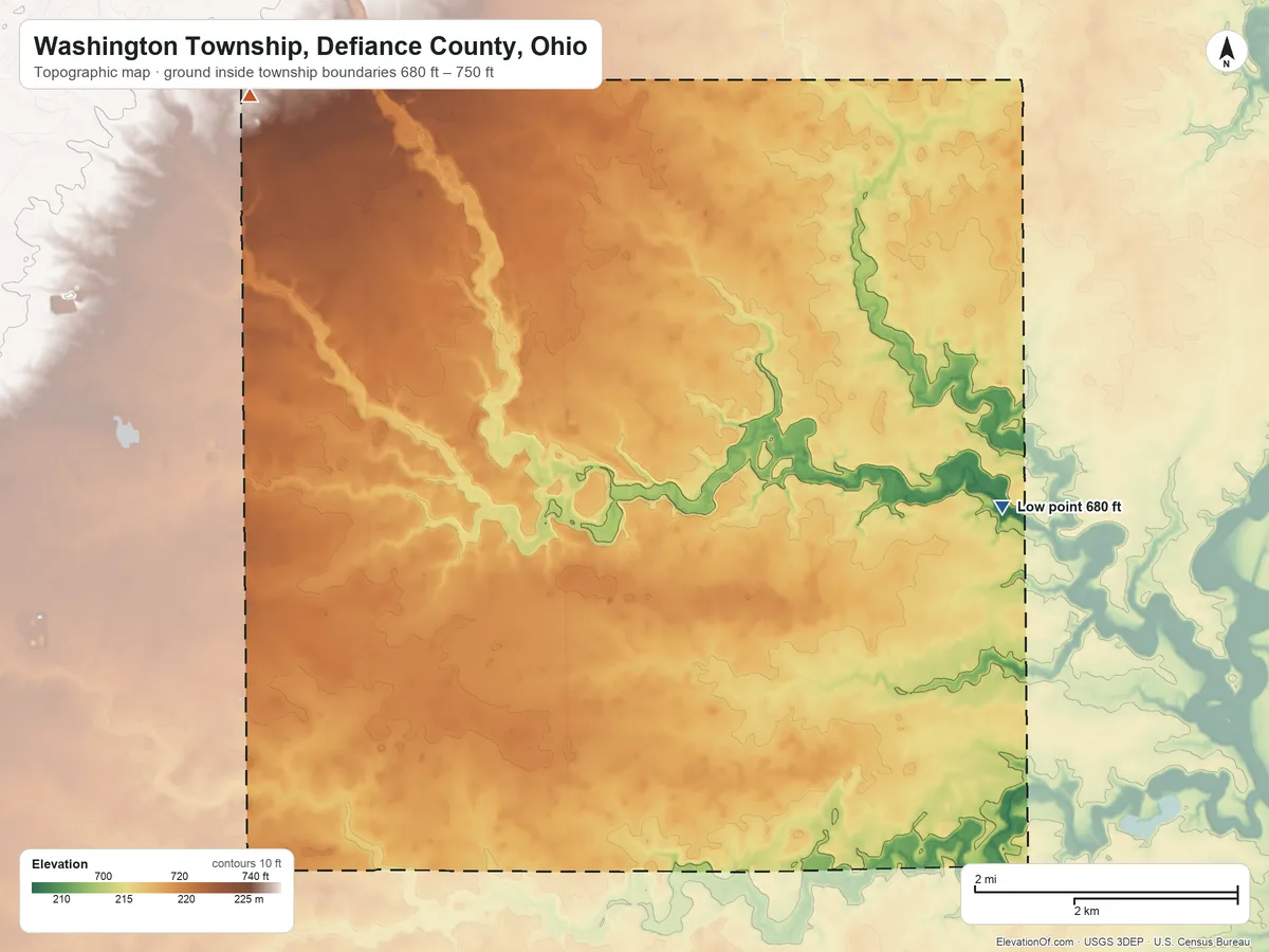 Topographic elevation map of Washington Township, Defiance County, Ohio, shaded from 680 ft on the east side to 750 ft on the northwest side