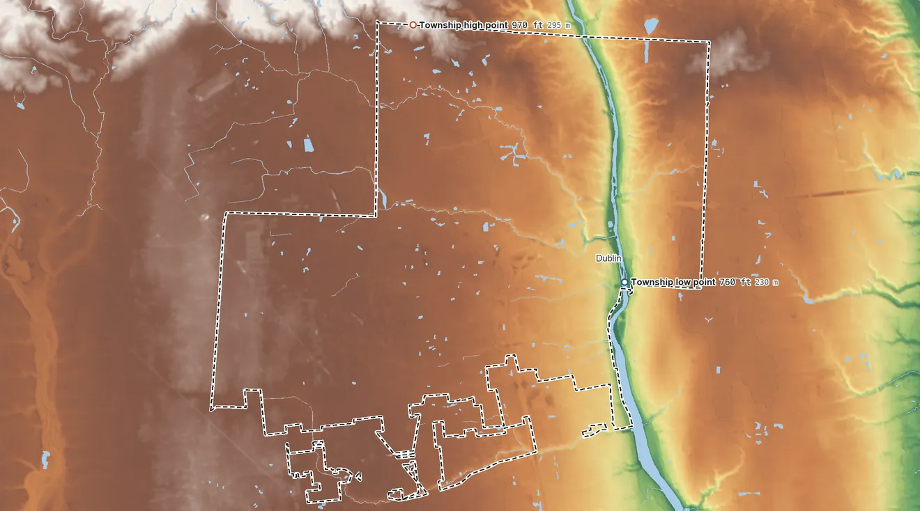 Topographic elevation map of Washington Township, Franklin County, Ohio, shaded from 760 ft on the southeast side to 970 ft on the northwest side