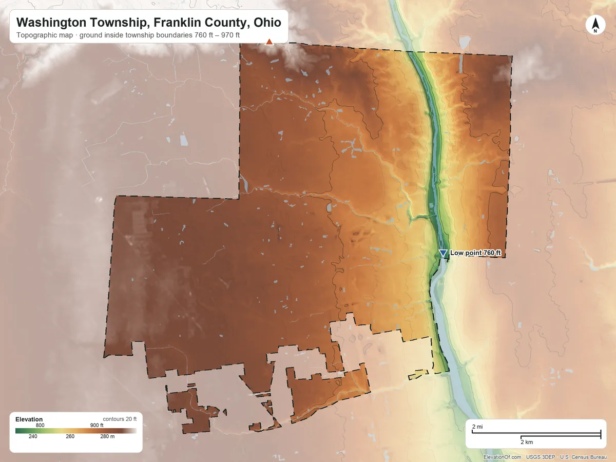 Topographic elevation map of Washington Township, Franklin County, Ohio, shaded from 760 ft on the southeast side to 970 ft on the northwest side