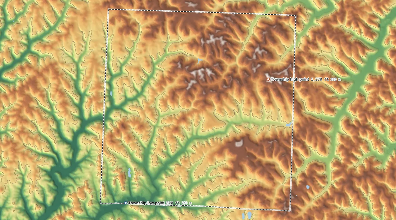 Topographic elevation map of Washington Township, Guernsey County, Ohio, shaded from 820 ft on the southwest side to 1,270 ft on the east side