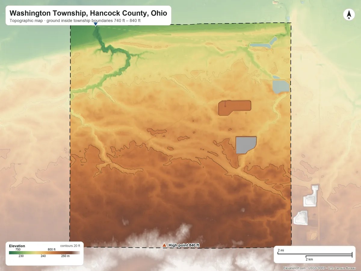 Topographic elevation map of Washington Township, Hancock County, Ohio, shaded from 740 ft on the west side to 840 ft on the south side