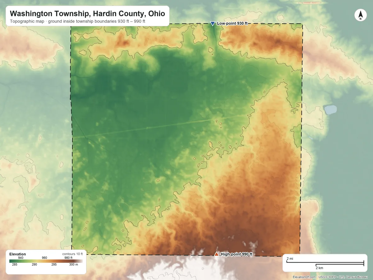 Topographic elevation map of Washington Township, Hardin County, Ohio, shaded from 930 ft on the north side to 990 ft on the south side