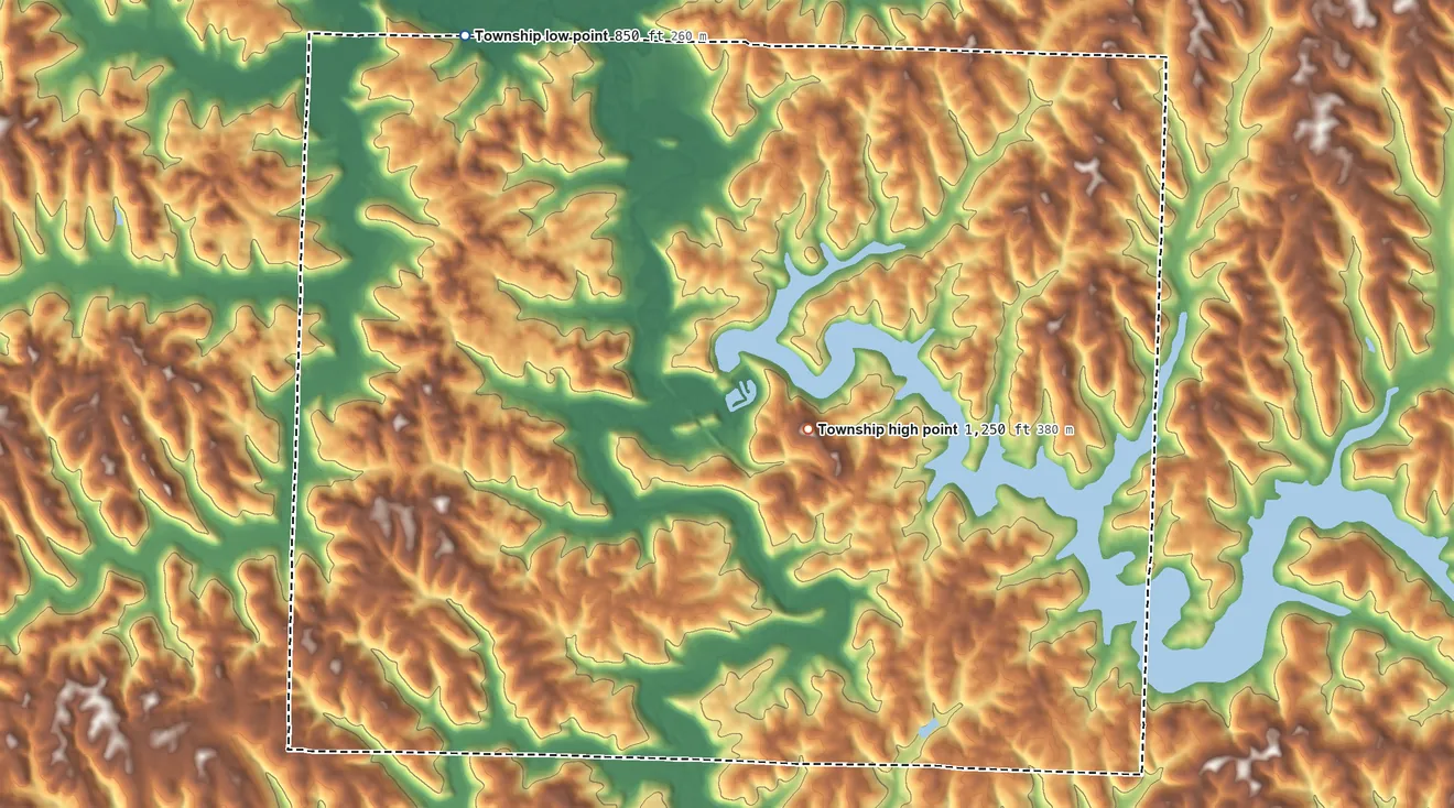 Topographic elevation map of Washington Township, Harrison County, Ohio, shaded from 850 ft on the northwest side to 1,250 ft near the middle