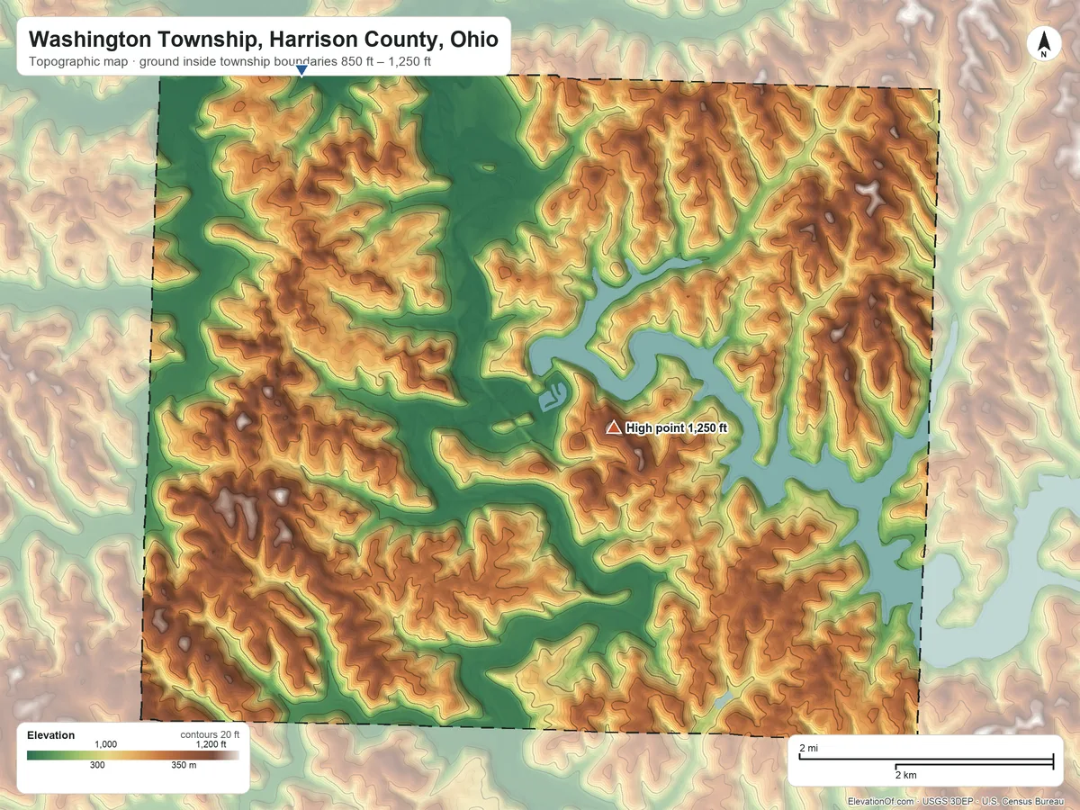 Topographic elevation map of Washington Township, Harrison County, Ohio, shaded from 850 ft on the northwest side to 1,250 ft near the middle