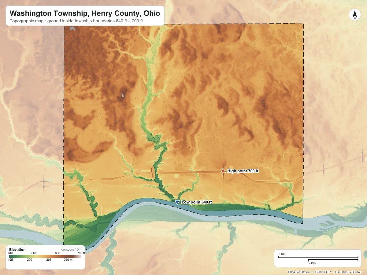 Topographic elevation map of Washington Township, Henry County, Ohio, shaded from 640 ft on the south side to 700 ft on the southeast side