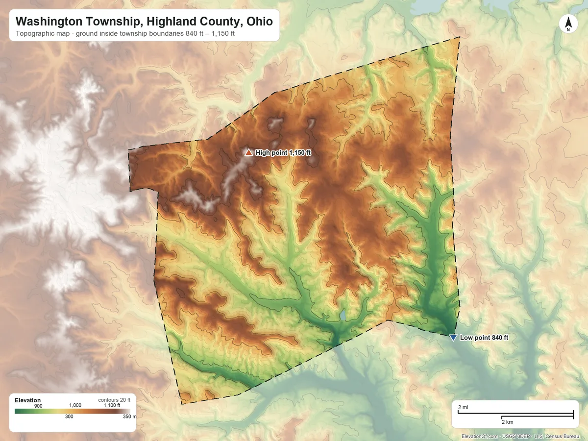 Topographic elevation map of Washington Township, Highland County, Ohio, shaded from 840 ft on the southeast side to 1,150 ft on the north side