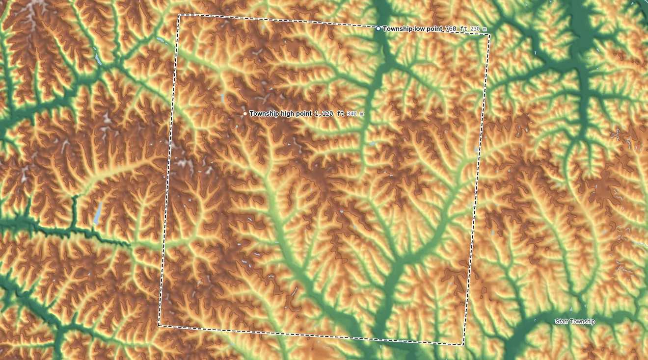 Topographic elevation map of Washington Township, Hocking County, Ohio, shaded from 760 ft on the northeast side to 1,120 ft on the west side