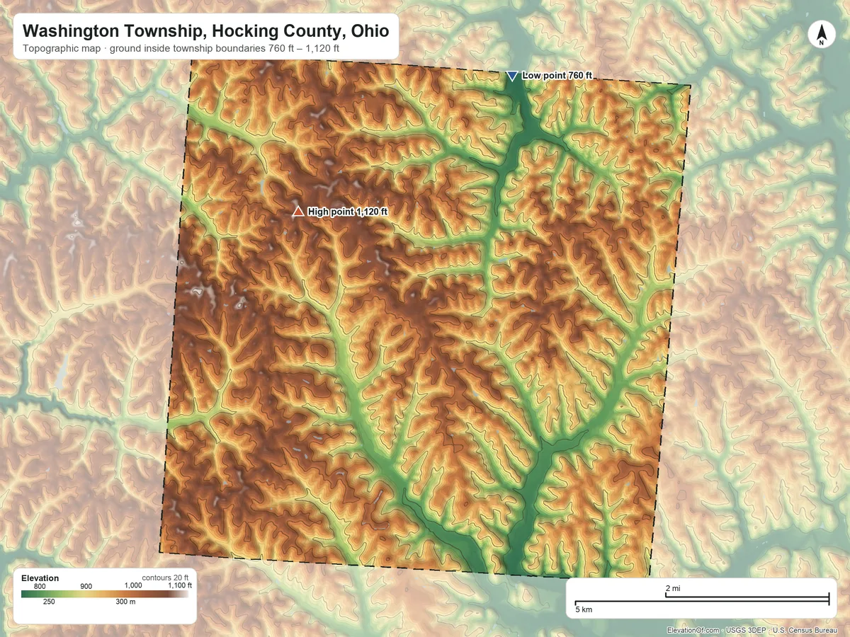 Topographic elevation map of Washington Township, Hocking County, Ohio, shaded from 760 ft on the northeast side to 1,120 ft on the west side