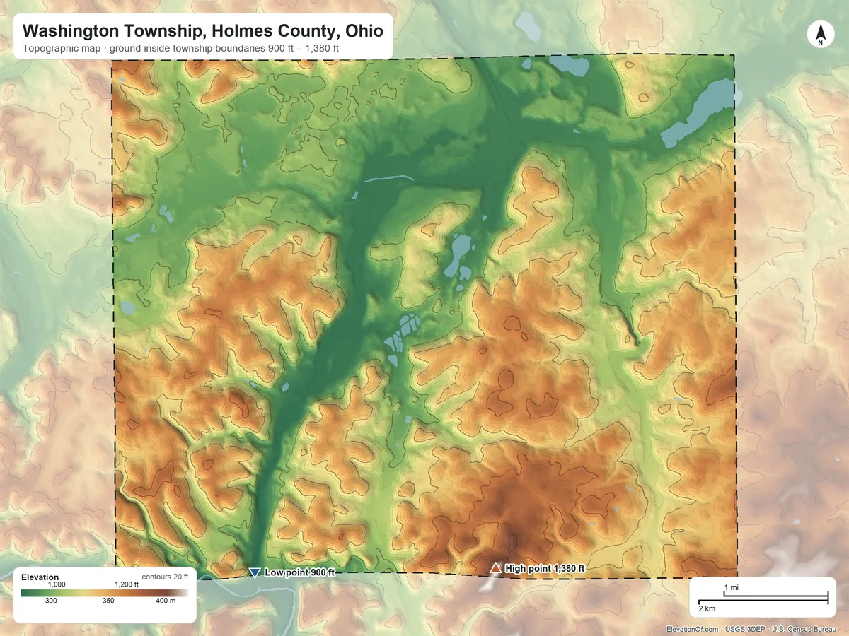 Topographic elevation map of Washington Township, Holmes County, Ohio, shaded from 900 ft on the southwest side to 1,380 ft on the south side