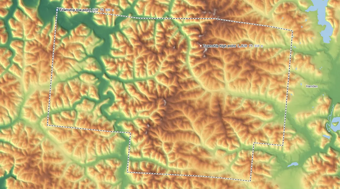 Topographic elevation map of Washington Township, Jackson County, Ohio, shaded from 620 ft on the northwest side to 1,020 ft on the north side