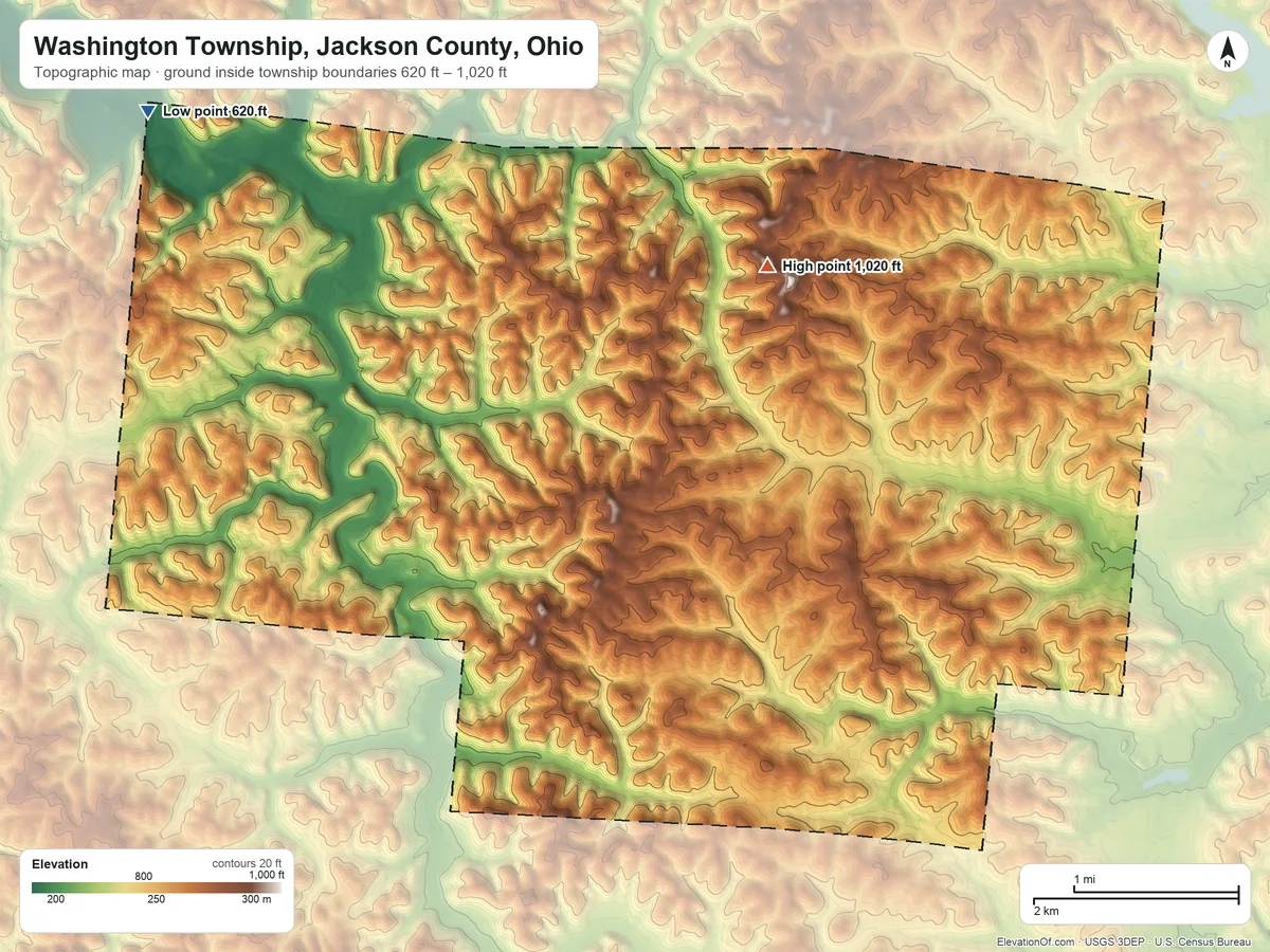 Topographic elevation map of Washington Township, Jackson County, Ohio, shaded from 620 ft on the northwest side to 1,020 ft on the north side