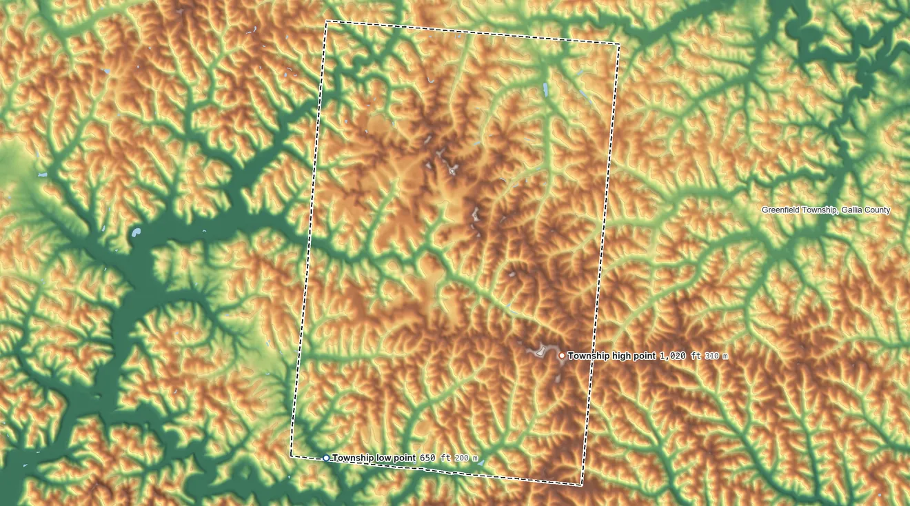 Topographic elevation map of Washington Township, Lawrence County, Ohio, shaded from 650 ft on the south side to 1,020 ft on the southeast side