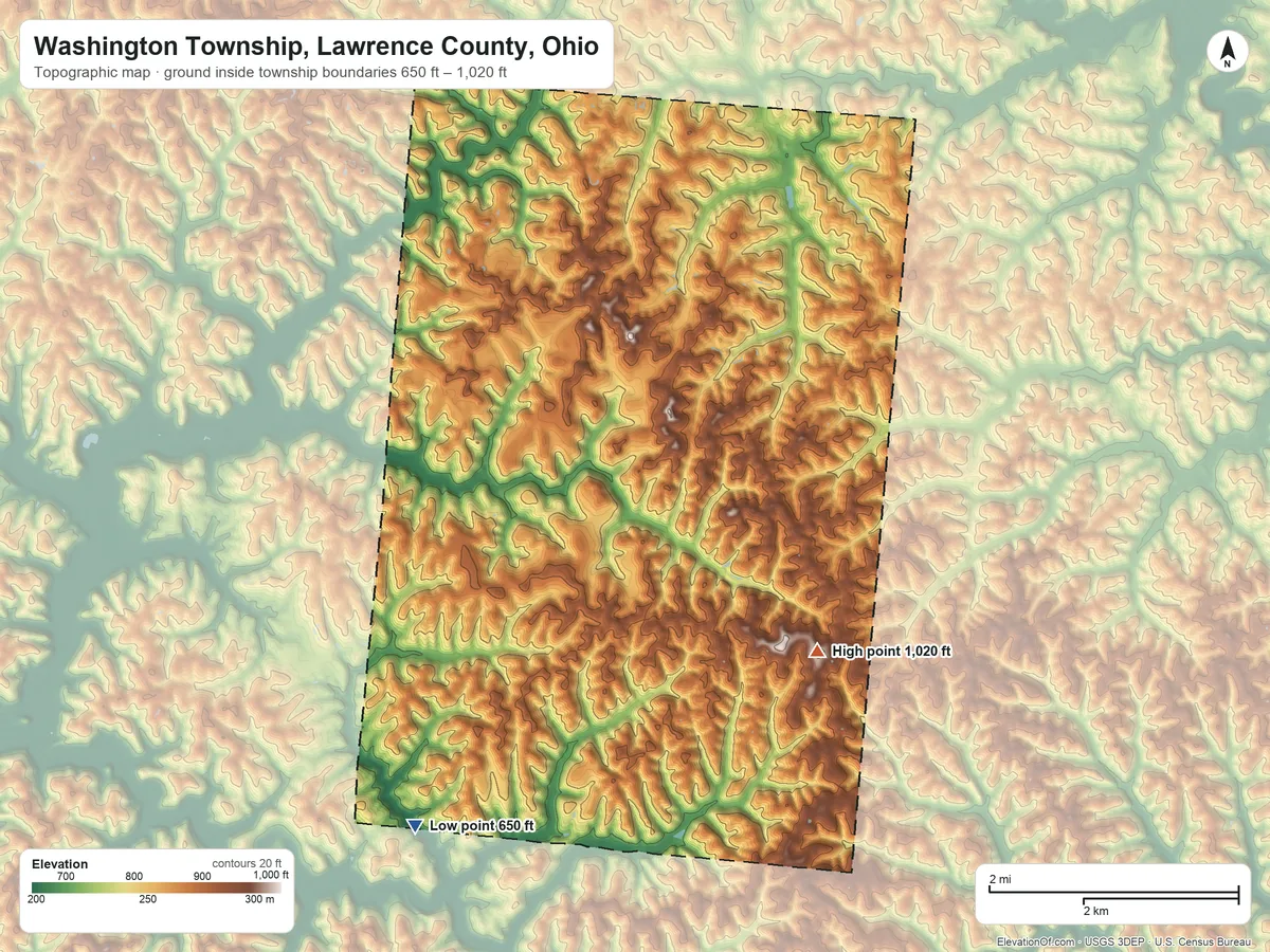 Topographic elevation map of Washington Township, Lawrence County, Ohio, shaded from 650 ft on the south side to 1,020 ft on the southeast side