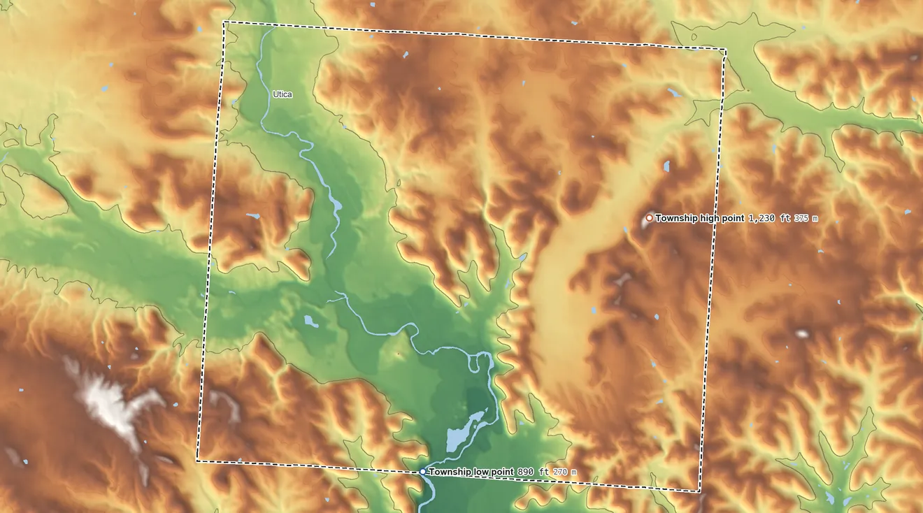 Topographic elevation map of Washington Township, Licking County, Ohio, shaded from 890 ft on the south side to 1,230 ft on the east side