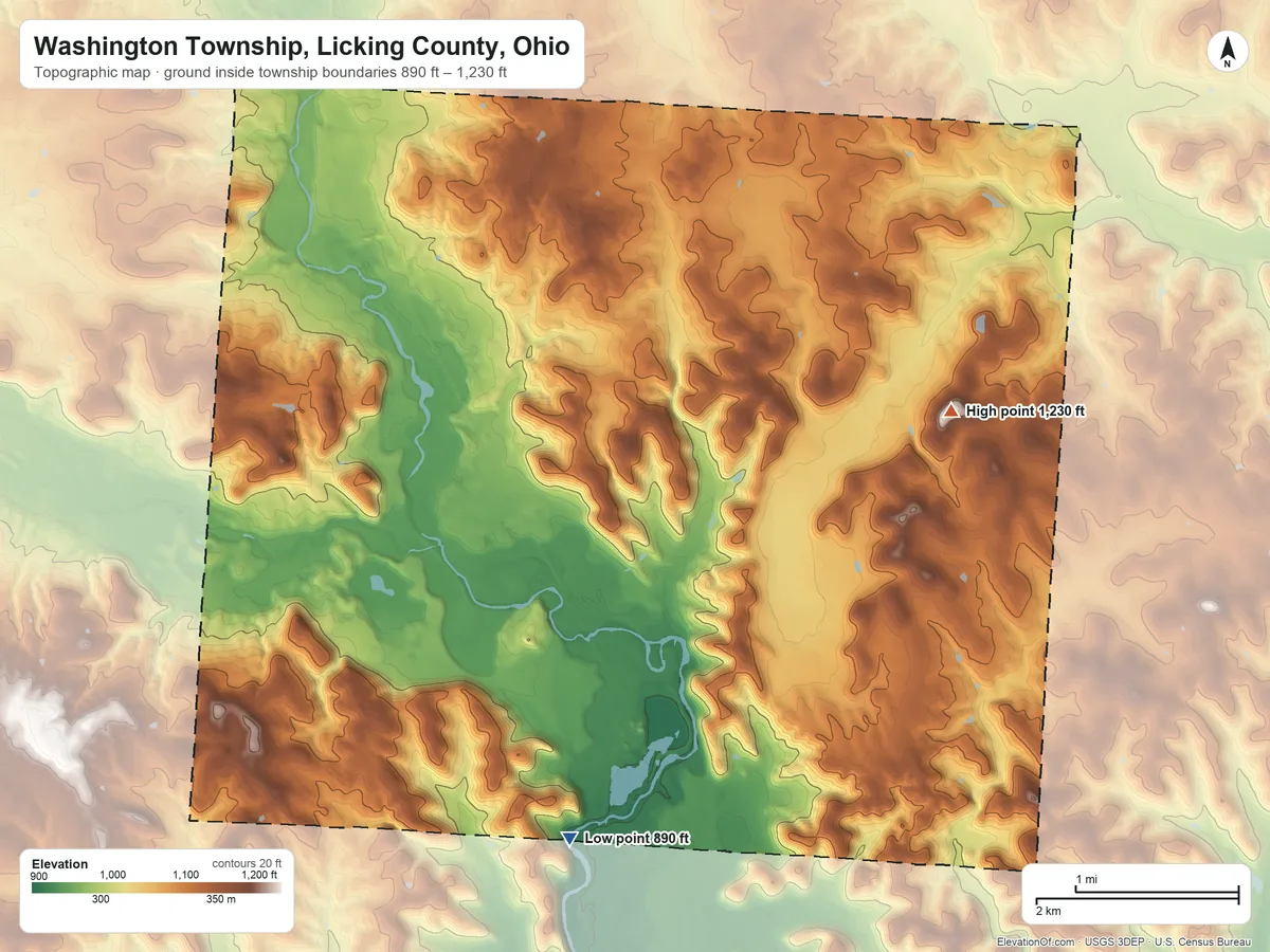 Topographic elevation map of Washington Township, Licking County, Ohio, shaded from 890 ft on the south side to 1,230 ft on the east side