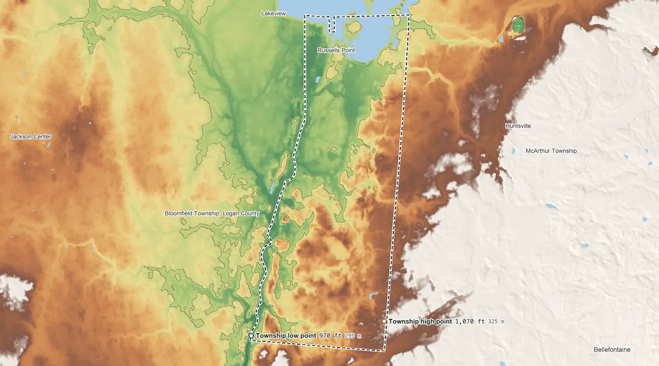 Topographic elevation map of Washington Township, Logan County, Ohio, shaded from 970 ft on the southwest side to 1,070 ft on the south side