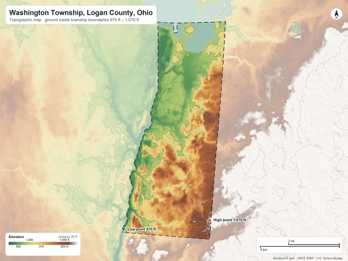 Topographic elevation map of Washington Township, Logan County, Ohio, shaded from 970 ft on the southwest side to 1,070 ft on the south side