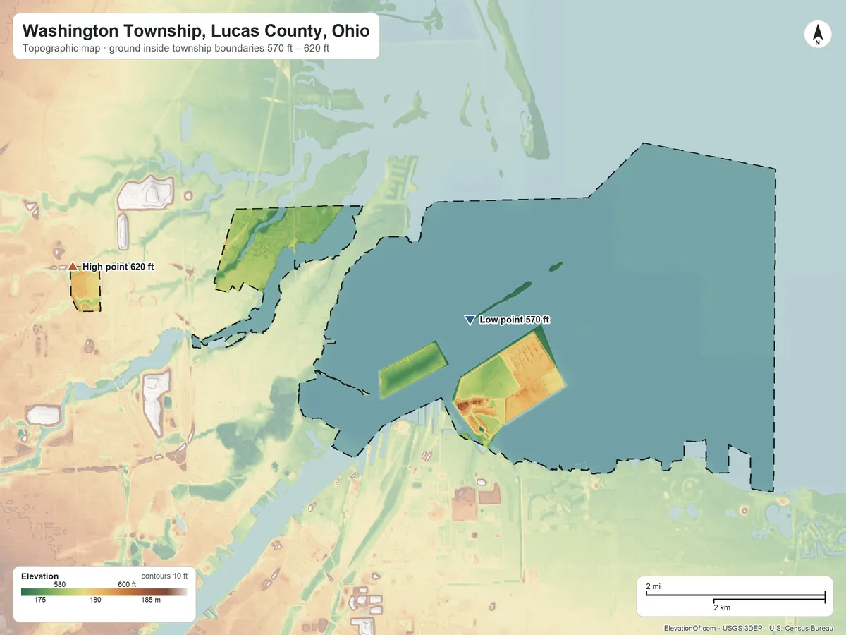 Topographic elevation map of Washington Township, Lucas County, Ohio, shaded from 570 ft on the east side to 620 ft on the west side