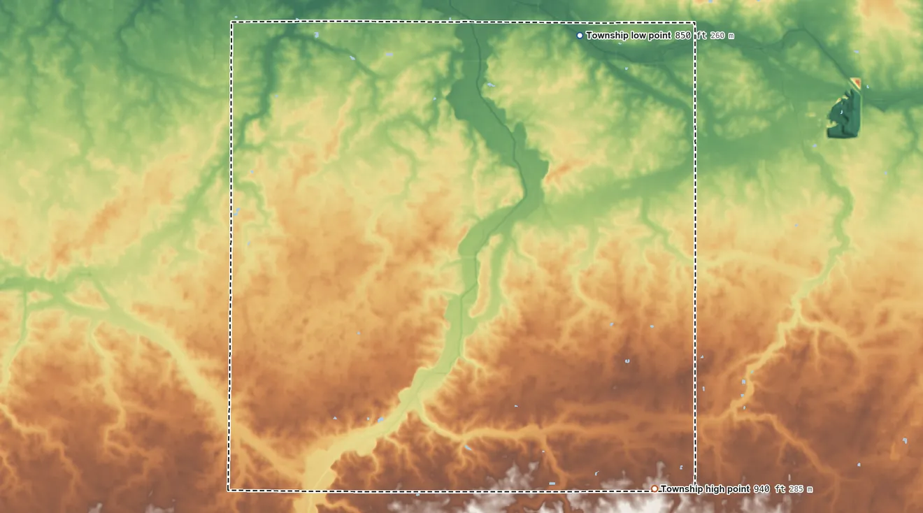 Topographic elevation map of Washington Township, Mercer County, Ohio, shaded from 850 ft on the northeast side to 940 ft on the southeast side