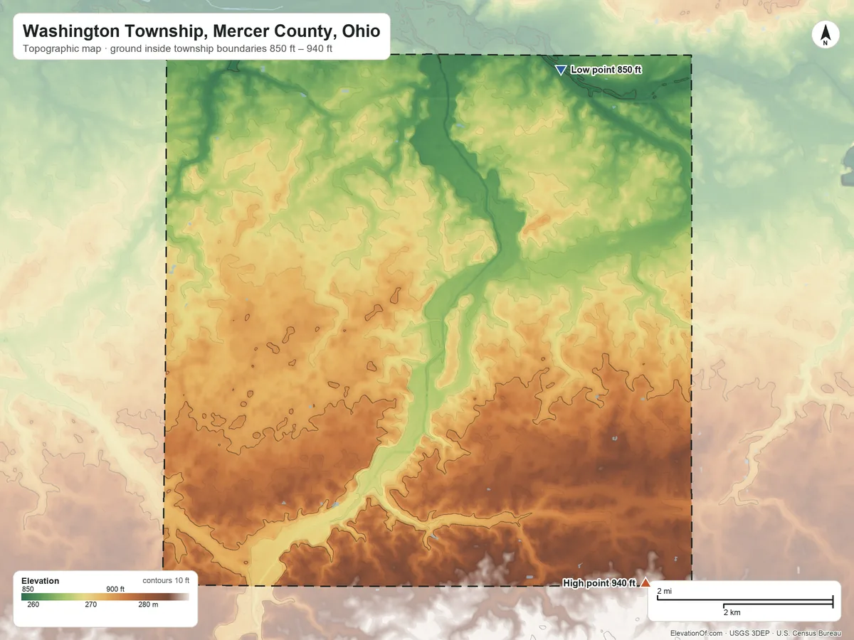 Topographic elevation map of Washington Township, Mercer County, Ohio, shaded from 850 ft on the northeast side to 940 ft on the southeast side
