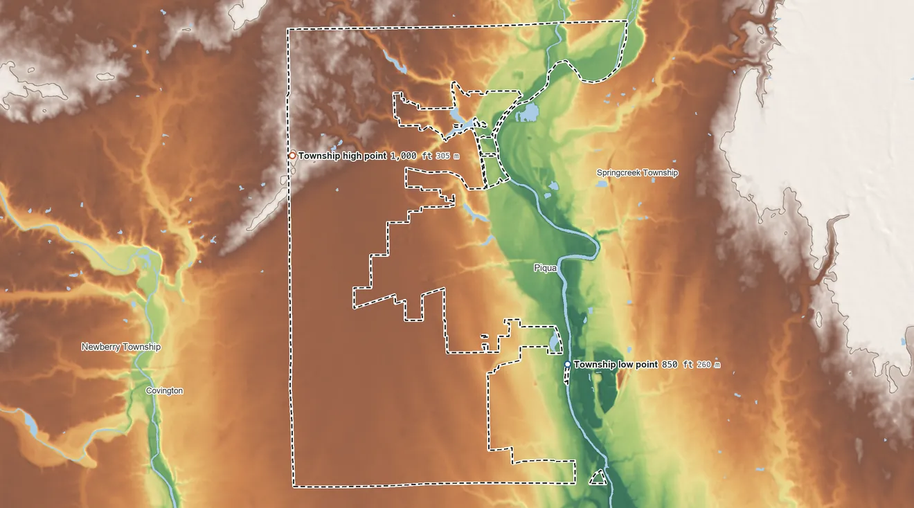 Topographic elevation map of Washington Township, Miami County, Ohio, shaded from 850 ft on the southeast side to 1,000 ft on the west side