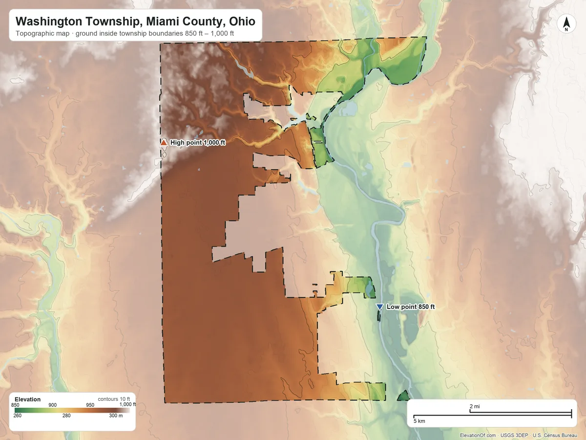 Topographic elevation map of Washington Township, Miami County, Ohio, shaded from 850 ft on the southeast side to 1,000 ft on the west side
