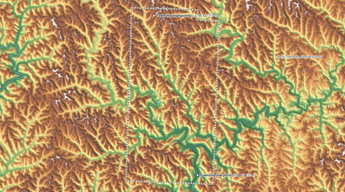 Topographic elevation map of Washington Township, Monroe County, Ohio, shaded from 670 ft on the south side to 1,170 ft on the north side