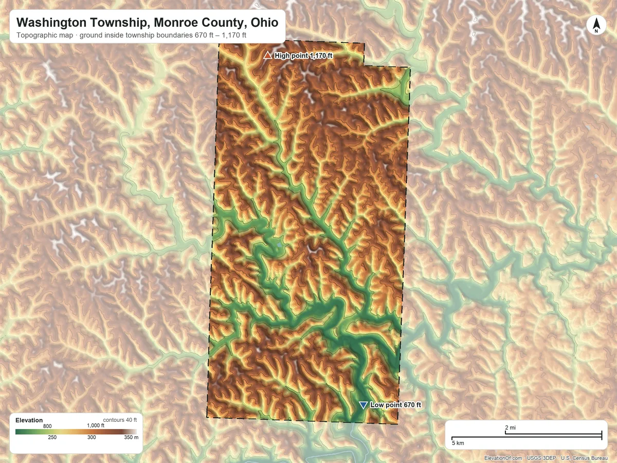 Topographic elevation map of Washington Township, Monroe County, Ohio, shaded from 670 ft on the south side to 1,170 ft on the north side