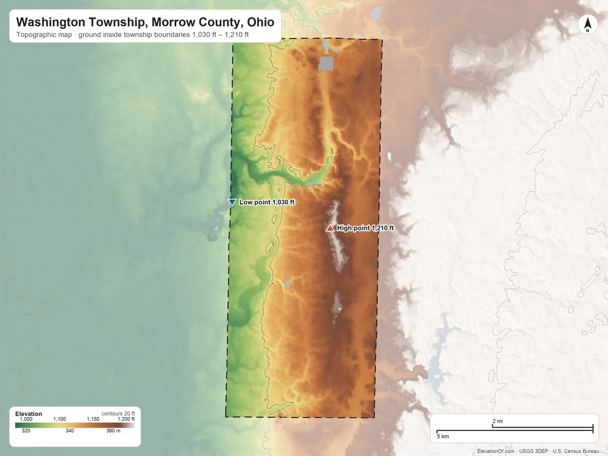 Topographic elevation map of Washington Township, Morrow County, Ohio, shaded from 1,030 ft on the west side to 1,210 ft near the middle