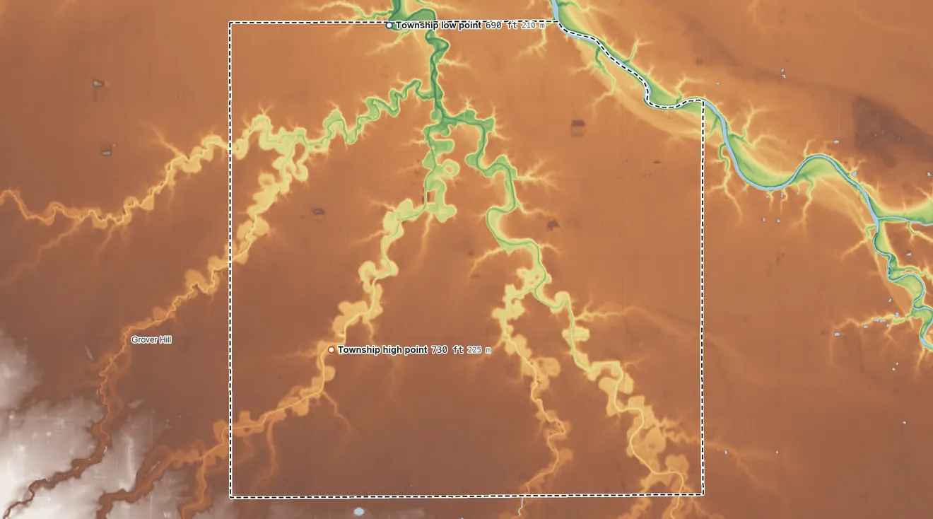 Topographic elevation map of Washington Township, Paulding County, Ohio, shaded from 690 ft on the north side to 730 ft on the west side
