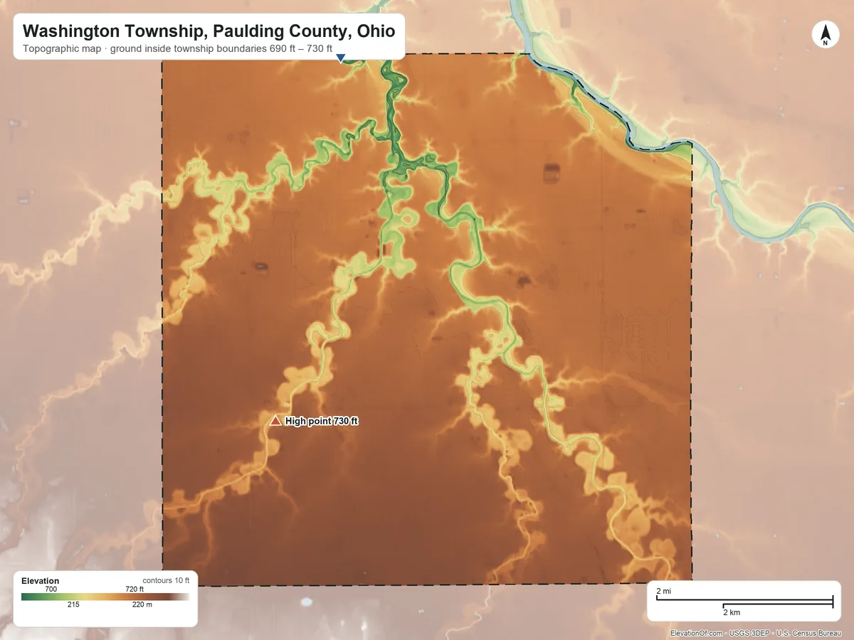 Topographic elevation map of Washington Township, Paulding County, Ohio, shaded from 690 ft on the north side to 730 ft on the west side