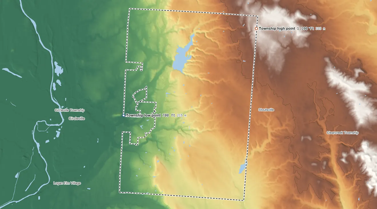 Topographic elevation map of Washington Township, Pickaway County, Ohio, shaded from 700 ft on the west side to 1,100 ft on the northeast side