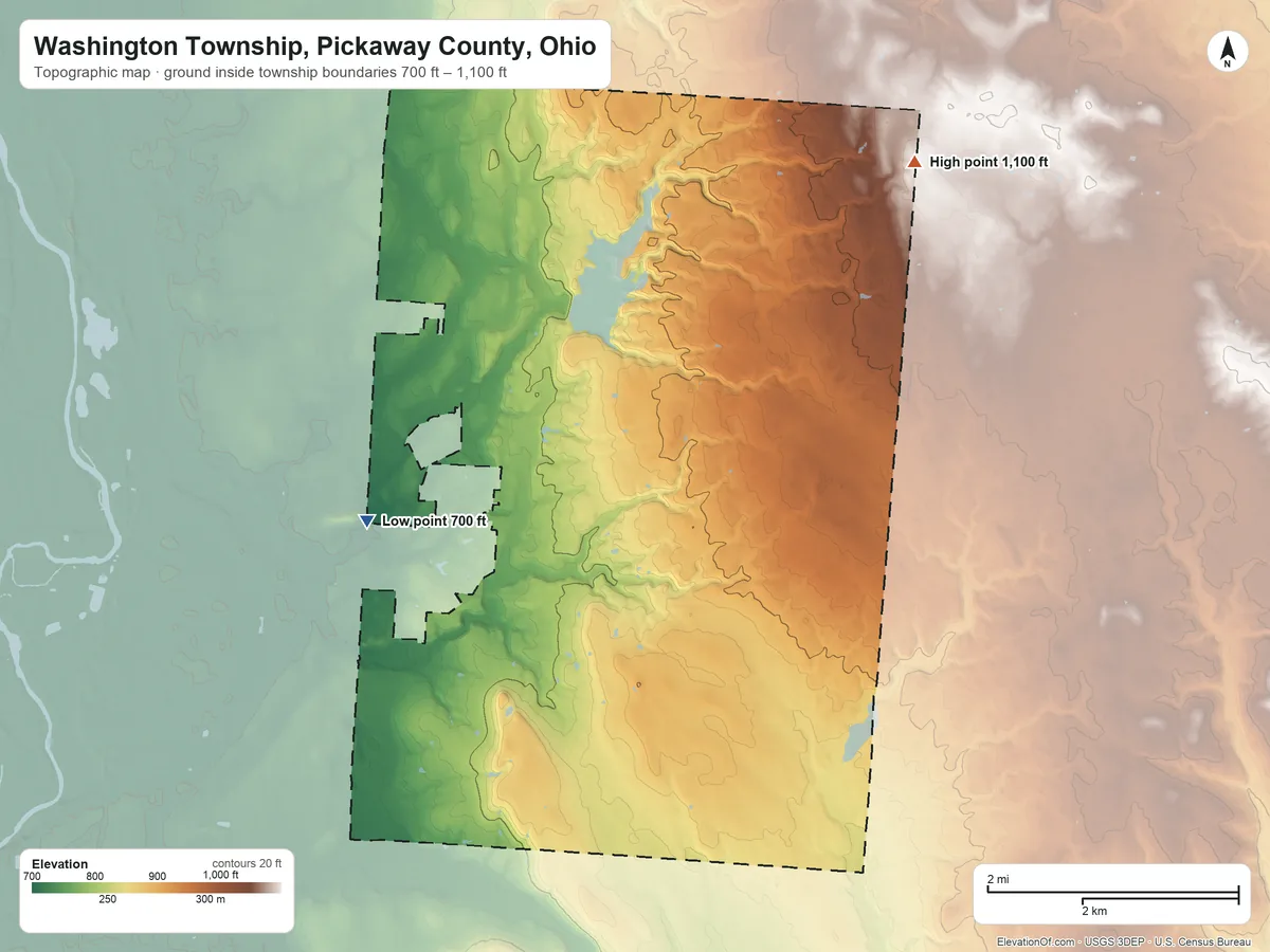Topographic elevation map of Washington Township, Pickaway County, Ohio, shaded from 700 ft on the west side to 1,100 ft on the northeast side
