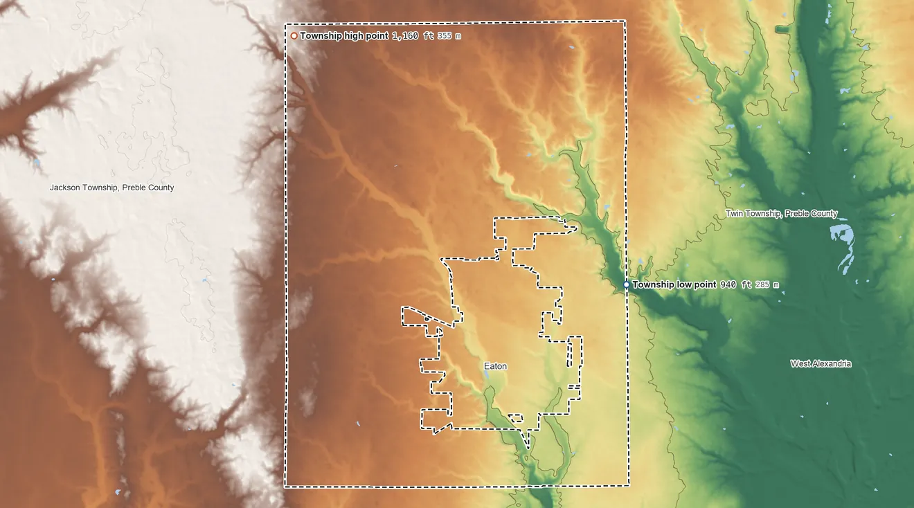Topographic elevation map of Washington Township, Preble County, Ohio, shaded from 940 ft on the east side to 1,160 ft on the northwest side