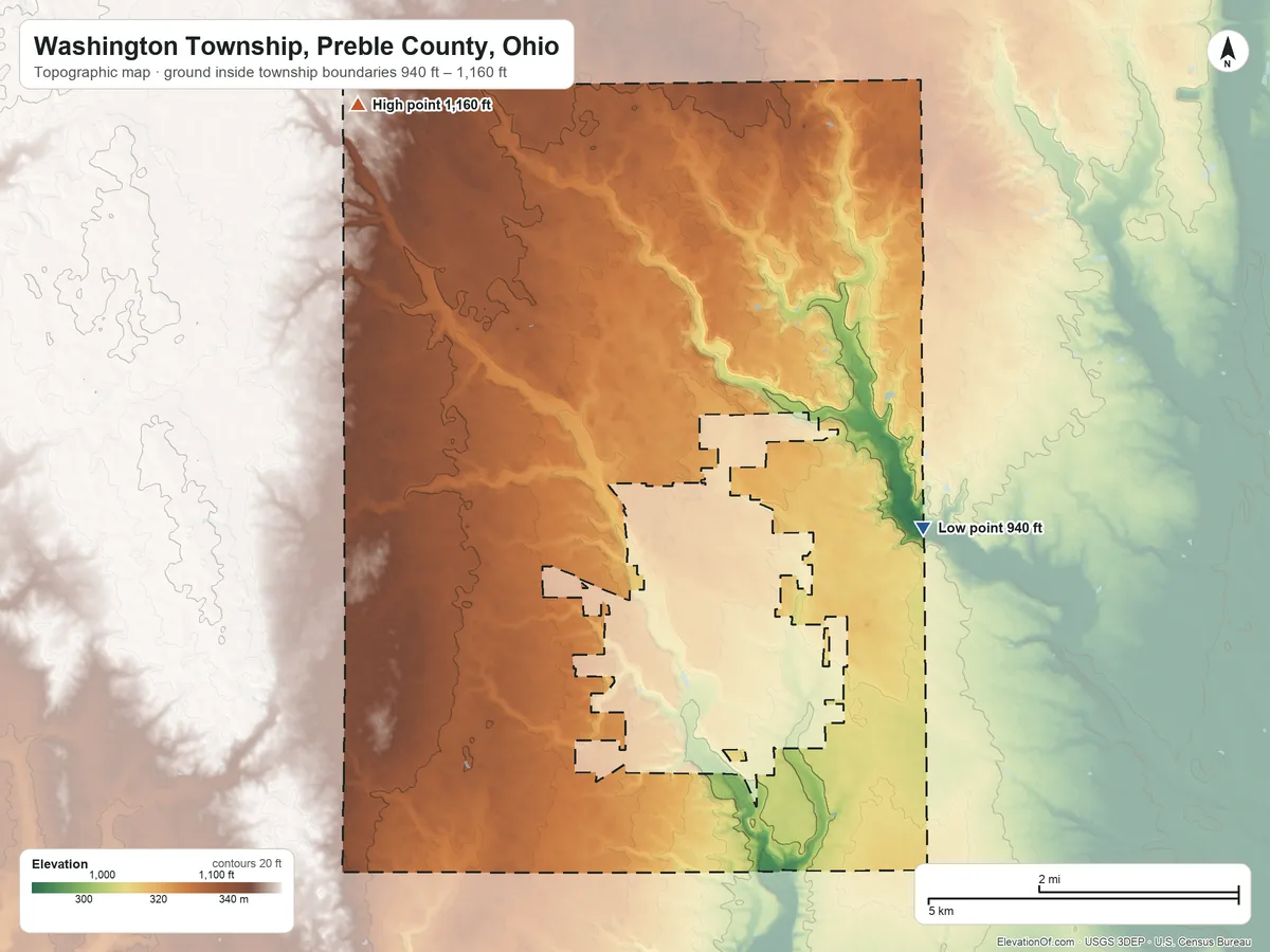 Topographic elevation map of Washington Township, Preble County, Ohio, shaded from 940 ft on the east side to 1,160 ft on the northwest side