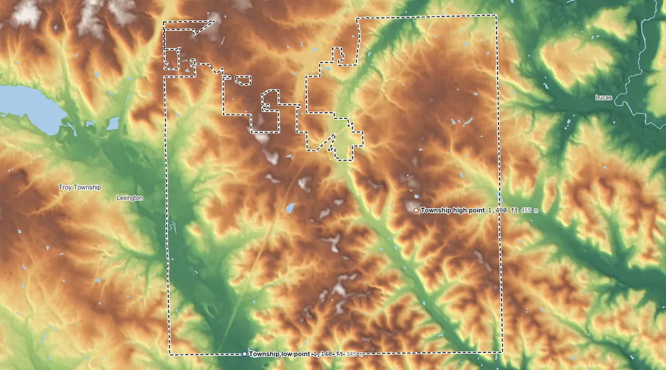 Topographic elevation map of Washington Township, Richland County, Ohio, shaded from 1,140 ft on the south side to 1,490 ft on the southeast side