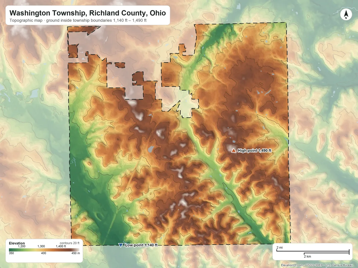 Topographic elevation map of Washington Township, Richland County, Ohio, shaded from 1,140 ft on the south side to 1,490 ft on the southeast side