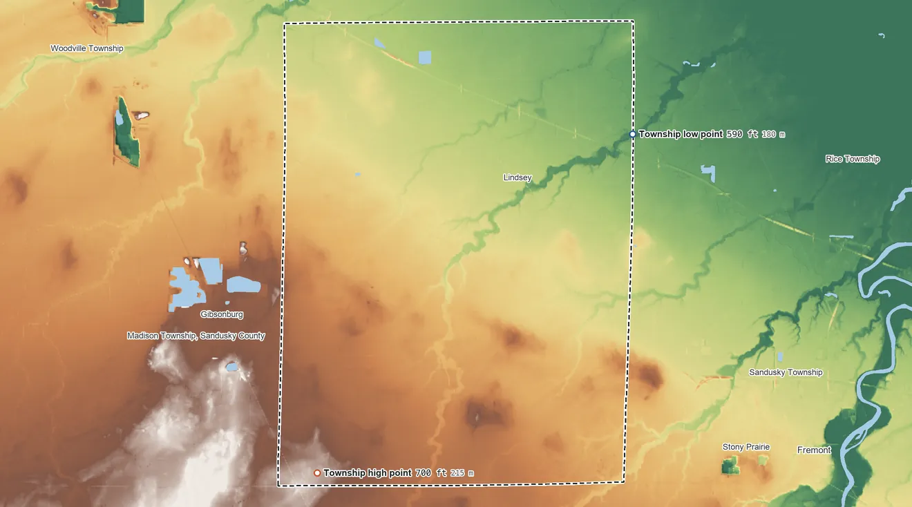 Topographic elevation map of Washington Township, Sandusky County, Ohio, shaded from 590 ft on the northeast side to 700 ft on the southwest side