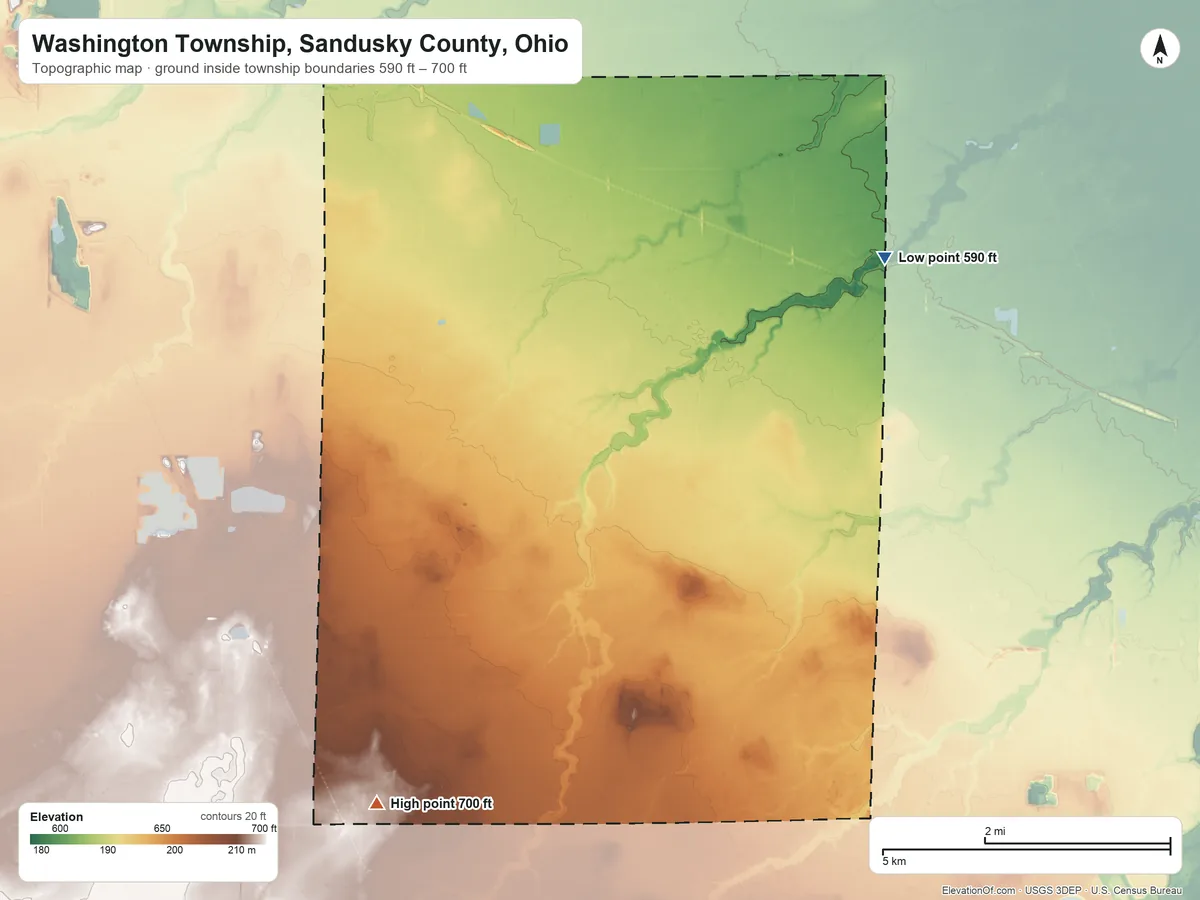 Topographic elevation map of Washington Township, Sandusky County, Ohio, shaded from 590 ft on the northeast side to 700 ft on the southwest side