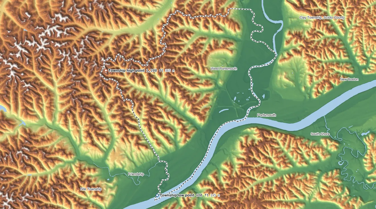 Topographic elevation map of Washington Township, Scioto County, Ohio, shaded from 480 ft on the south side to 1,200 ft on the west side
