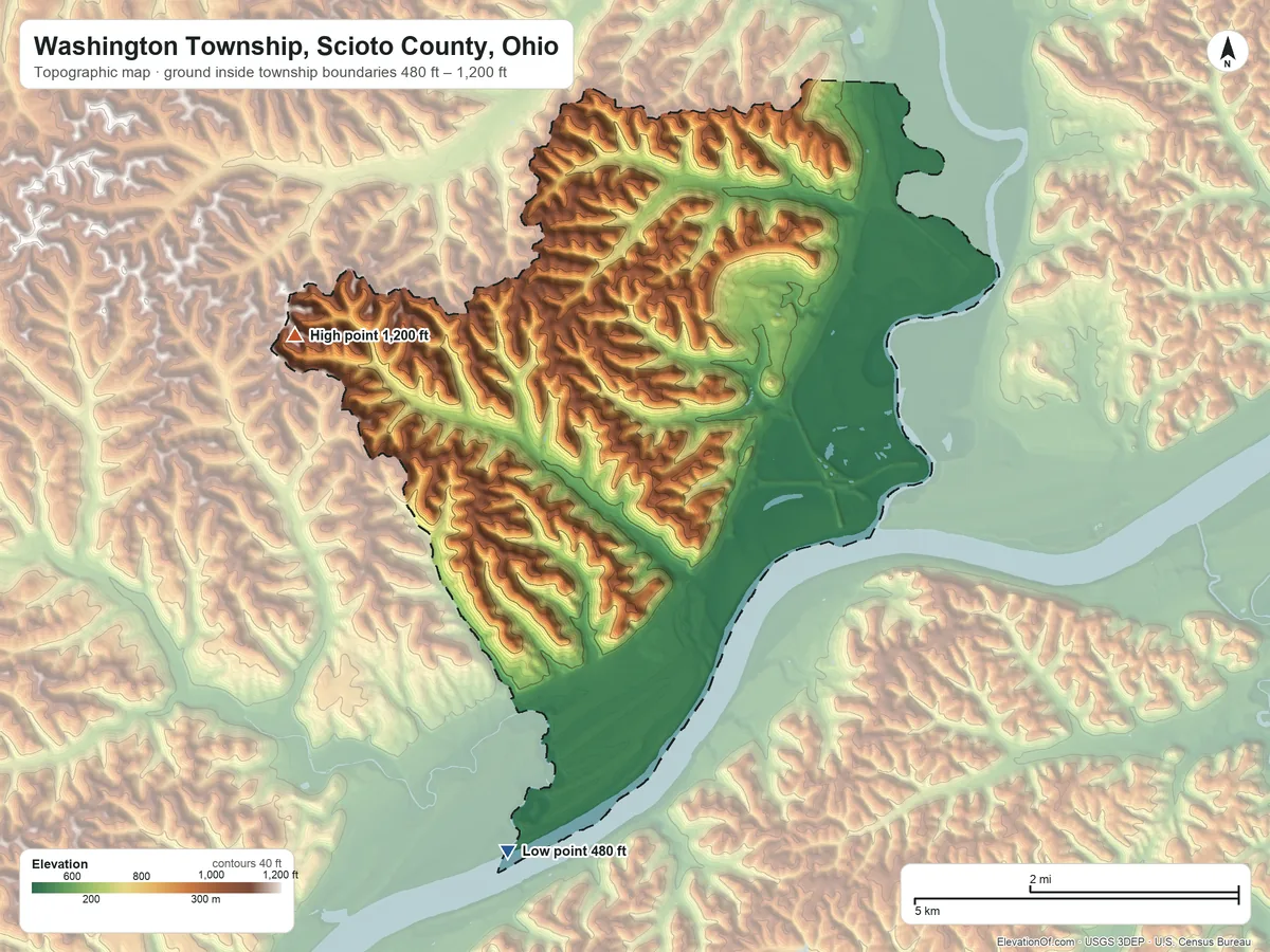 Topographic elevation map of Washington Township, Scioto County, Ohio, shaded from 480 ft on the south side to 1,200 ft on the west side