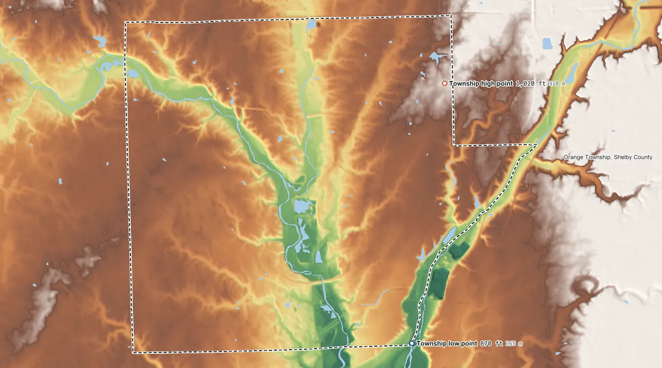 Topographic elevation map of Washington Township, Shelby County, Ohio, shaded from 870 ft on the south side to 1,020 ft on the northeast side