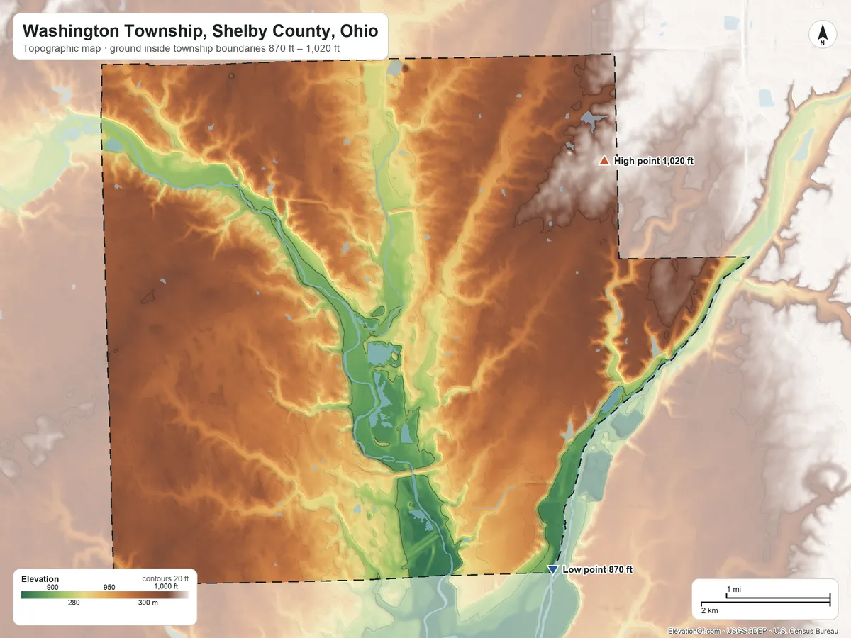 Topographic elevation map of Washington Township, Shelby County, Ohio, shaded from 870 ft on the south side to 1,020 ft on the northeast side