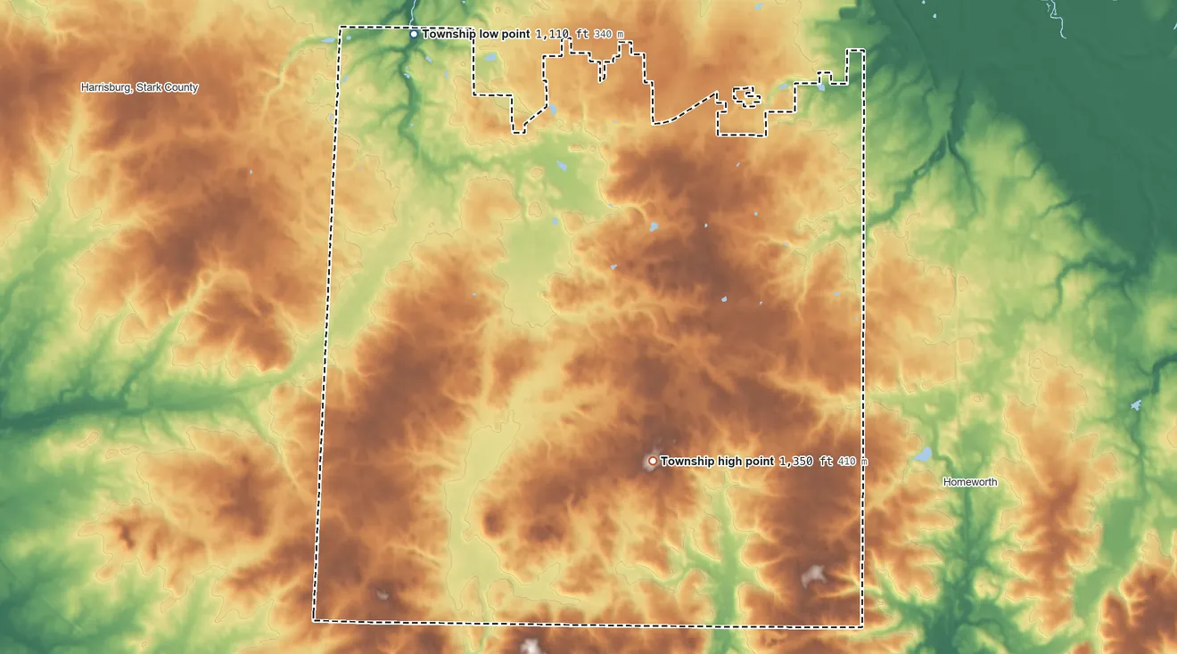 Topographic elevation map of Washington Township, Stark County, Ohio, shaded from 1,110 ft on the northwest side to 1,350 ft on the south side