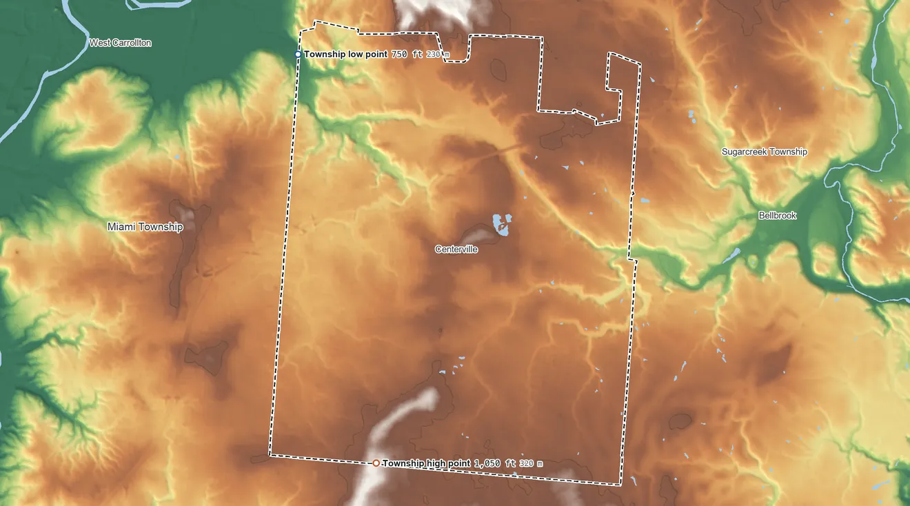 Topographic elevation map of Washington Township, Ohio, shaded from 750 ft on the northwest side to 1,050 ft on the south side