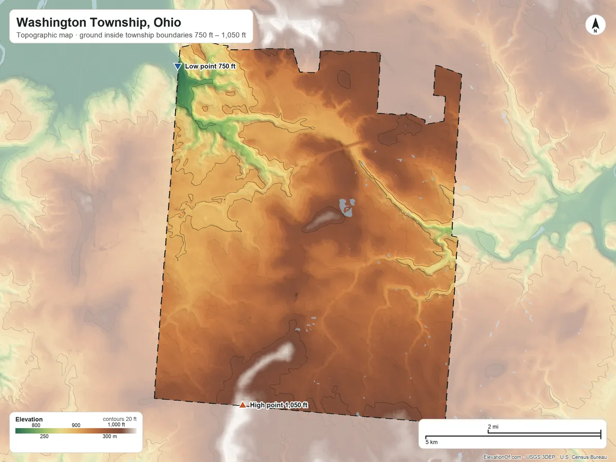 Topographic elevation map of Washington Township, Ohio, shaded from 750 ft on the northwest side to 1,050 ft on the south side