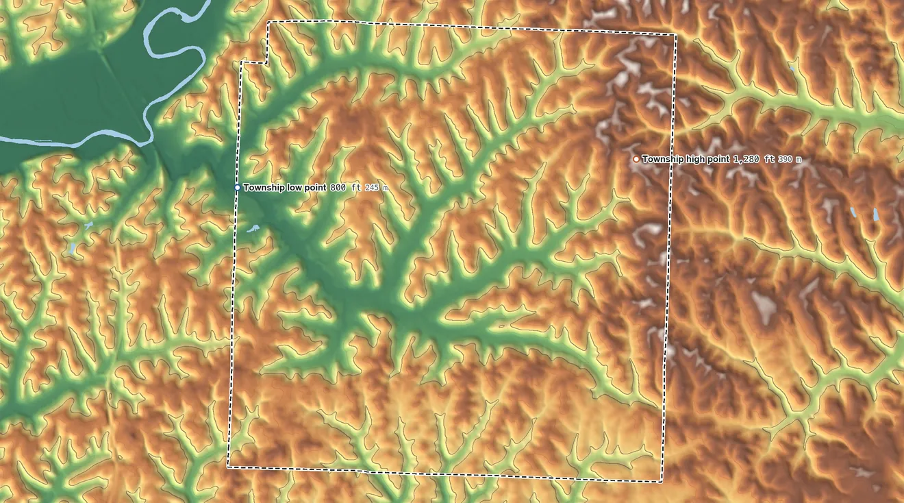 Topographic elevation map of Washington Township, Tuscarawas County, Ohio, shaded from 800 ft on the west side to 1,280 ft on the northeast side